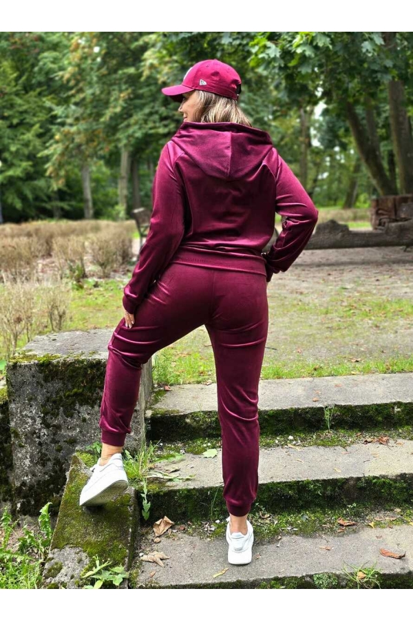 Welurowy komplet dresowy rozpinany z kapturem bordo